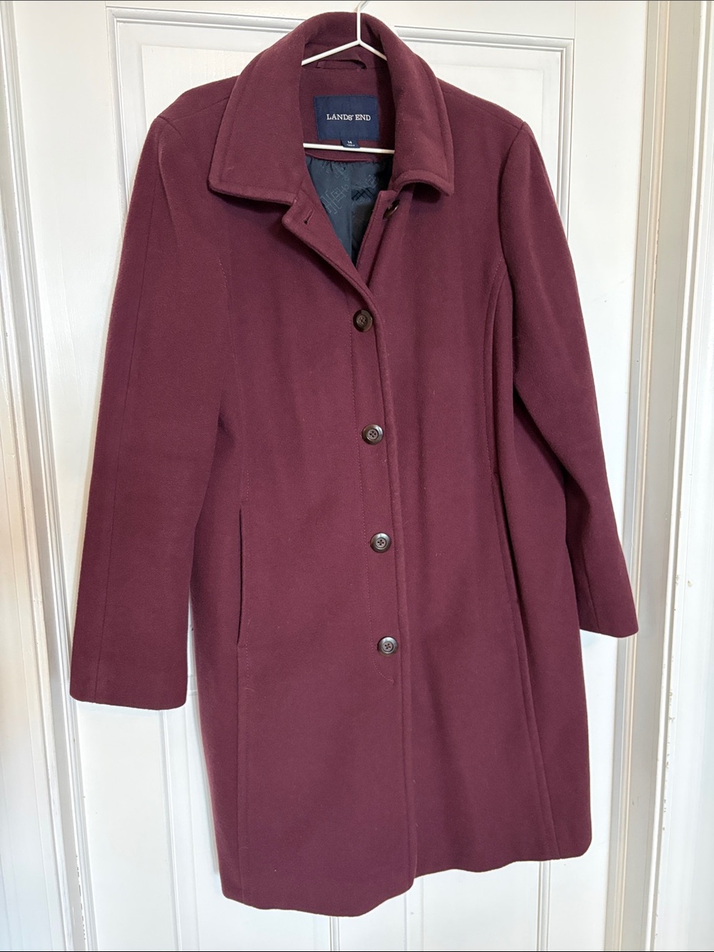 Lands' End Women's Wine Wool-Blend Single-Breasted Coat